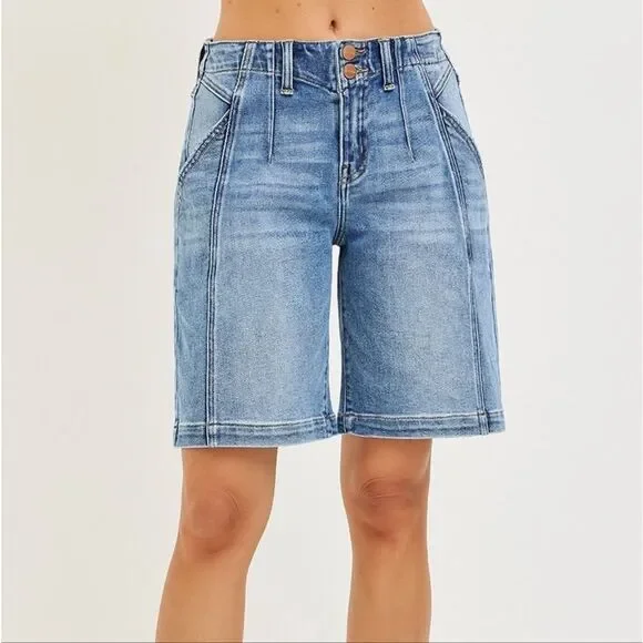 RISEN 2-Button Slouchy Bermuda Long Jean Shorts Pockets sz Large - Picture 3 of 8